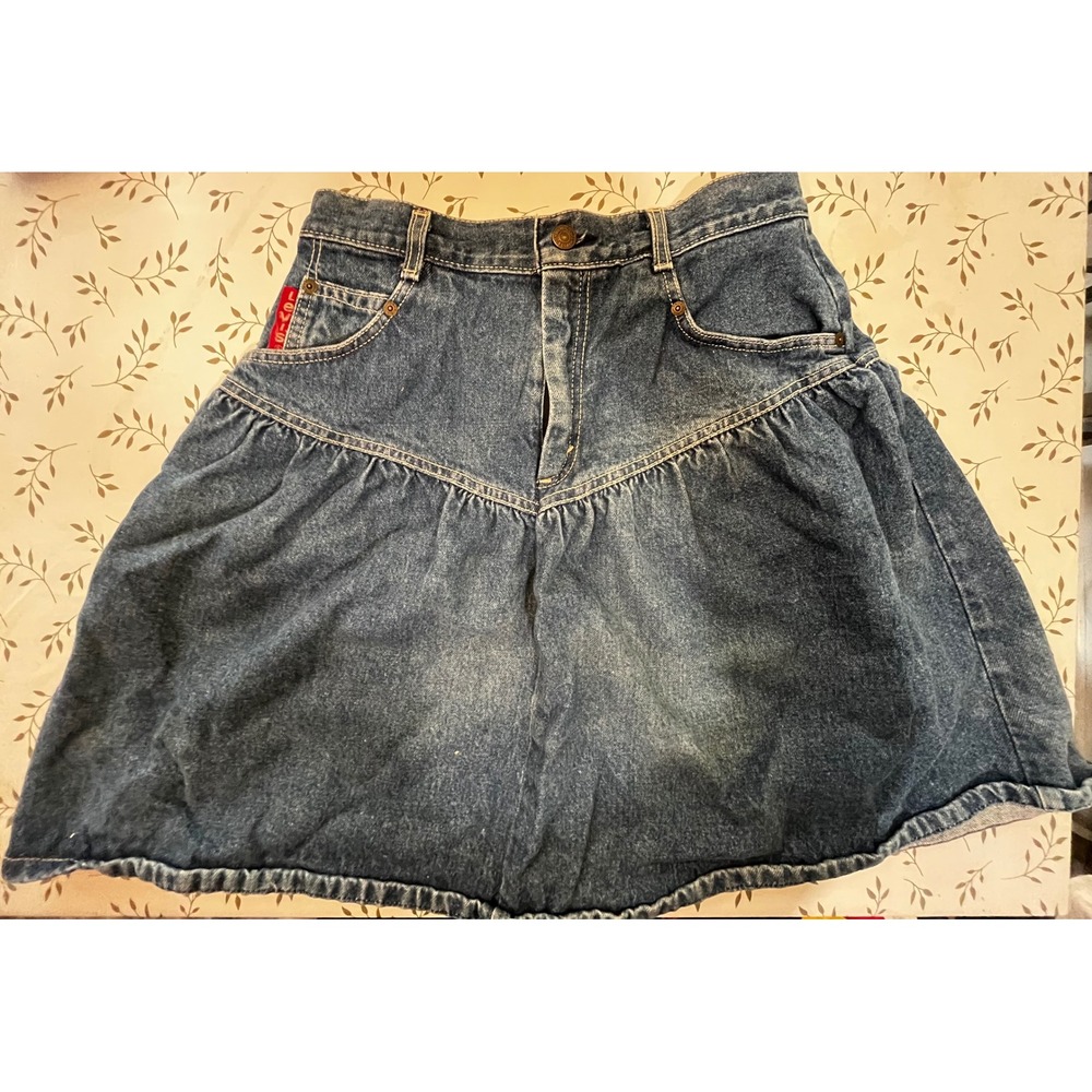 Vintage Levis Denim Skirt Made in USA High Waist Gathered Yoke Blue 80s 90s